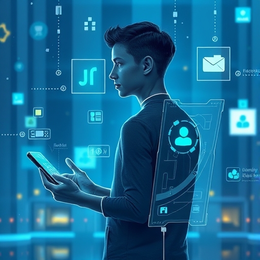 An illustration of a person interacting with technology without a physical phone instead using gestures and <a href=