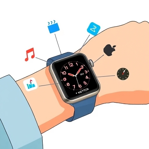 一位佩戴Apple Watch的使用者,手錶顯示生產力應用程式圖示,如日曆、待辦清單和專注計時器,象徵效率提升與現代工作生活