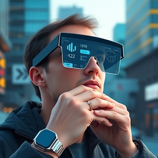 An illustration of a person wearing sleek AR glasses seamlessly viewing digital information overlaid on the real world with smartwatches and rings on their hands
