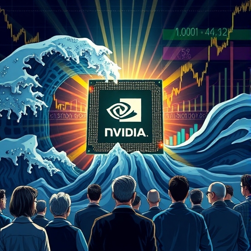 Nvidia GPU晶片在AI革命浪潮中發光,背景顯示股價上漲趨勢與樂觀分析師