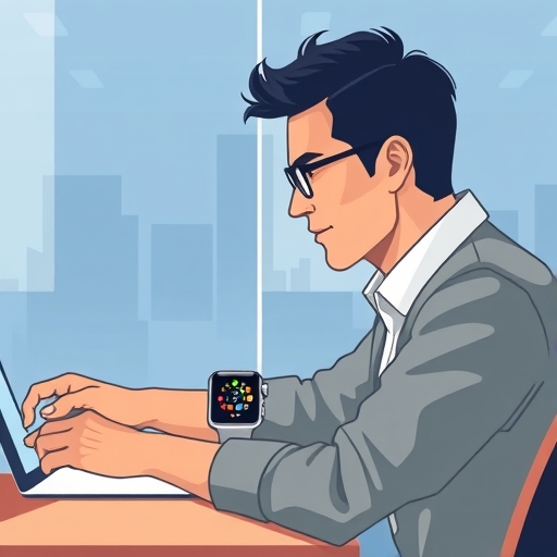 一位在會議或移動中的專業人士,使用語音指令快速輸入任務至Apple Watch,手錶顯示專案時間軸或勾選記號