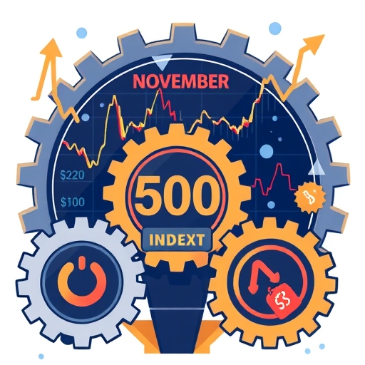 韌性股市市場插圖,顯示十一月強勁表現與經濟健康符號,如平順轉動的工業齒輪與 S&P 500 指數