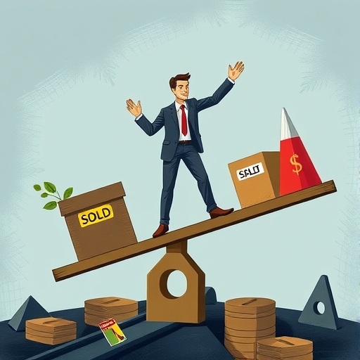 精明投資者象徵喬·特拉諾瓦站在翹翹板上，資產被出售和重新分配，代表年終投資組合調整和防禦策略的插圖
