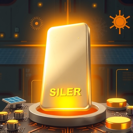 銀條閃耀光芒，背景有工業齒輪、太陽能板和電子電路的插圖，超越黃金