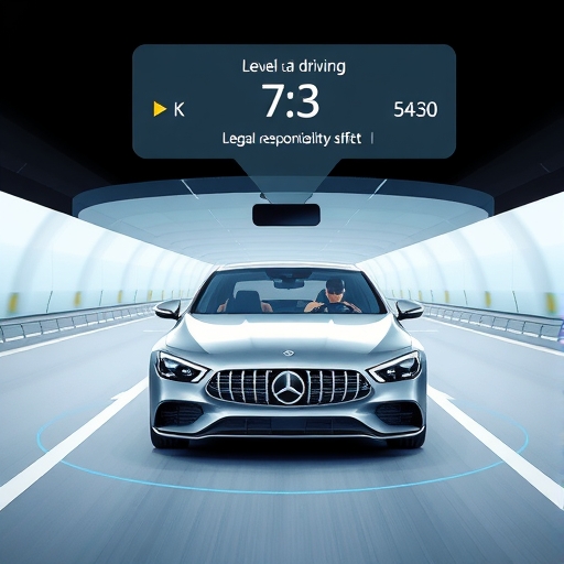 S-Class或EQS車款在多車道高速公路上自動行駛，駕駛者放鬆但警覺，顯示Level 3狀態的全息介面