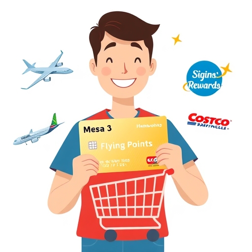 微笑房主手持 Mesa Homeowners Card,周圍飛舞積分、航空標誌和 Costco 購物車,象徵吸引人的獎勵福利