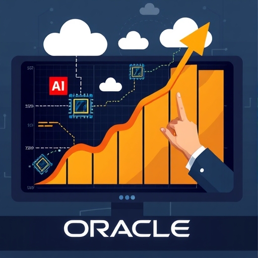 上升圖表插圖，周圍環繞AI晶片與雲端符號，Oracle標誌突出，富國銀行分析師樂觀指向成長潛力