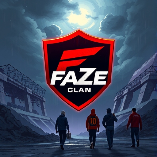 FaZe Clan 面臨危機的電競品牌圖像，風暴背景中網紅遠去象徵不確定未來