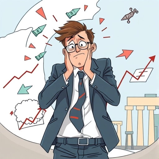 掙扎的私募股權基金經理面對強勁逆風的插圖，背景有下跌圖表和高利率及經濟增長緩慢的符號
