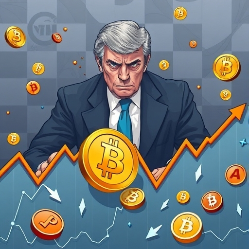 加密貨幣市場波動示意圖，比特幣圖表下滑與山寨幣多方向運動