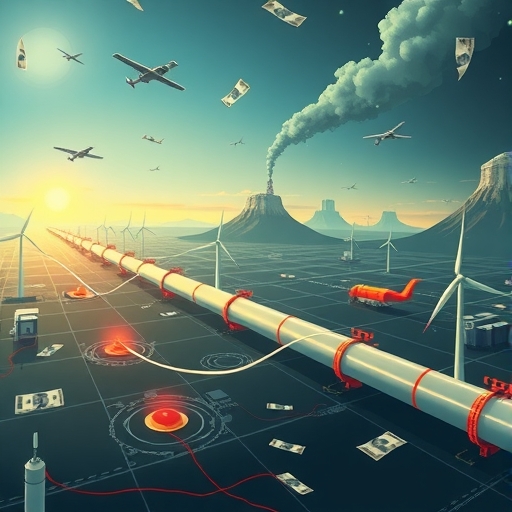 北美廣大能源管線網路的插圖，連結油氣與再生能源資產，象徵穩定現金流與股息成長的強健能源巨擘