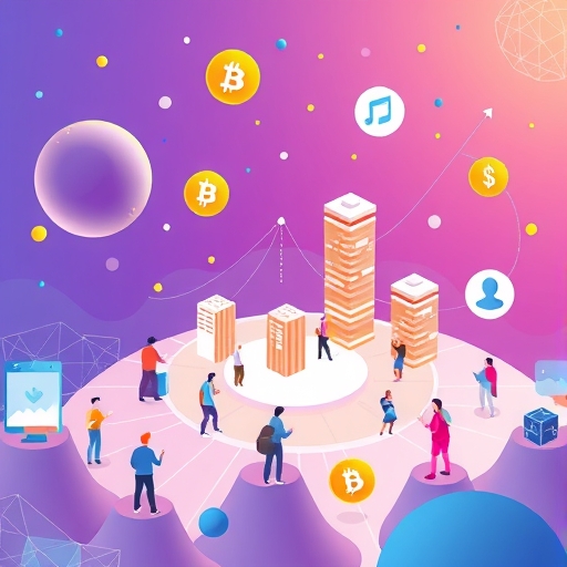 充滿活力的數位生態系插圖,開發者在 Move 語言驅動的安全區塊鏈平台上建構