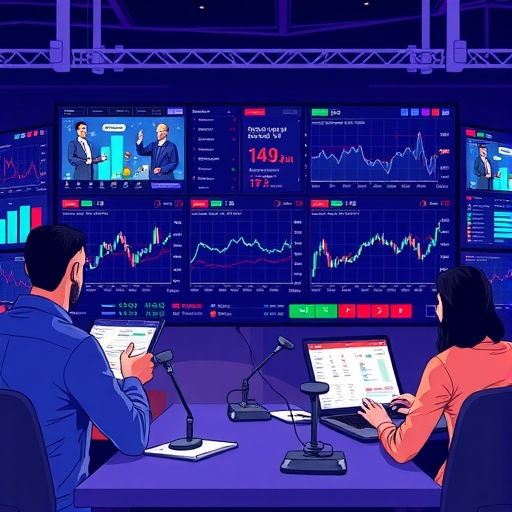 生動預測市場場景插圖，用戶參與交易，螢幕顯示選舉結果與經濟圖表，Coinbase 與 Kalshi 合作