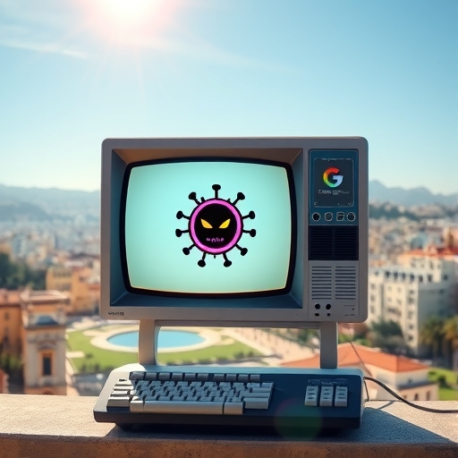 復古電腦螢幕顯示像素病毒圖示，透過發光線條連接到現代Google標誌，背景為陽光普照的馬拉加地中海城市景觀與藍天