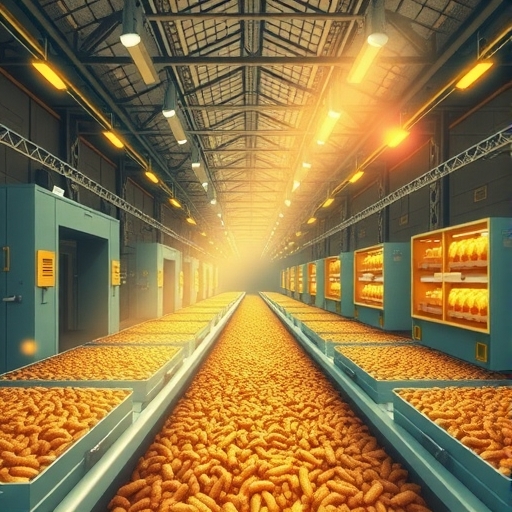 充滿自動化系統與黃粉蟲的願景昆蟲養殖工廠，沐浴金色光芒象徵巨額投資與宏大野心的插圖