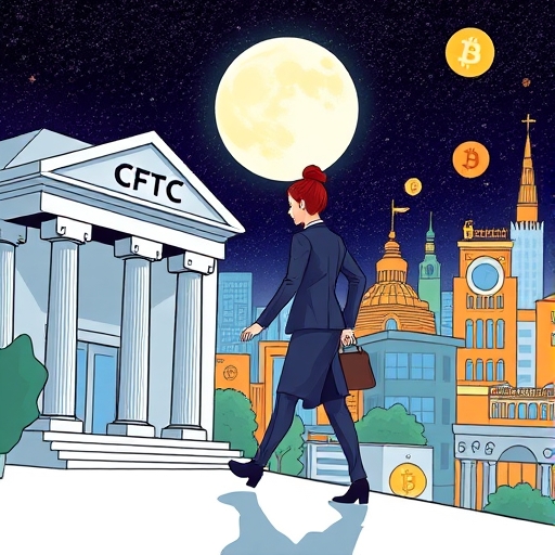 CFTC 女性官員從監管機構走向標誌 MoonPay 的數位城市插圖，浮現加密符號象徵人才遷移與產業進化