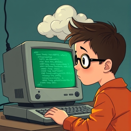 年輕好奇男孩戴眼鏡專注盯著閃爍舊電腦螢幕上的綠色程式碼，背景隱約浮現形如電腦病毒的不祥雲朵