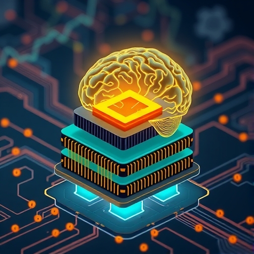 An illustration of advanced packaging technology with stacked chips and a glowing AI brain showcasing high performance and efficient data transfer