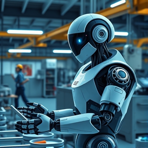 先進人形機器人Neo在工廠環境學習人類技能的插圖,展示其靈活執行多樣任務以解決勞動力短缺