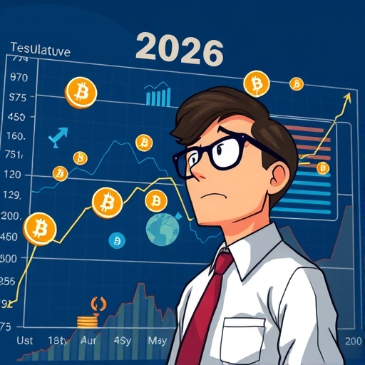 分析師審視比特幣圖表，包含全球經濟、監管與機構資金圖標，表達2026年謹慎展望