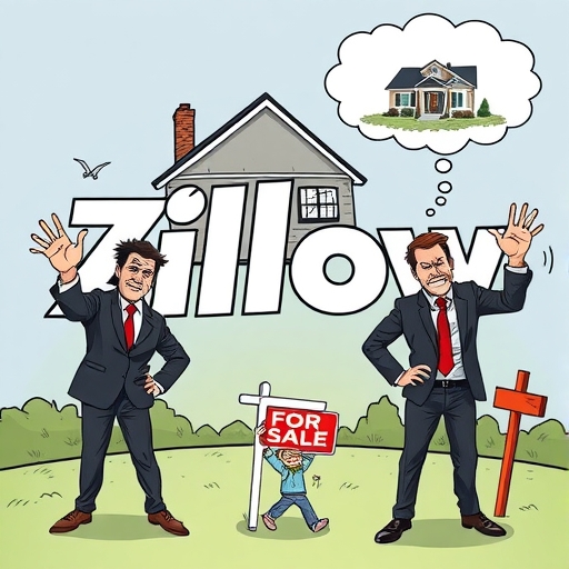 憤怒的房地產經紀人抗議Zillow氣候風險評分的插圖，顯示銷售損失影響