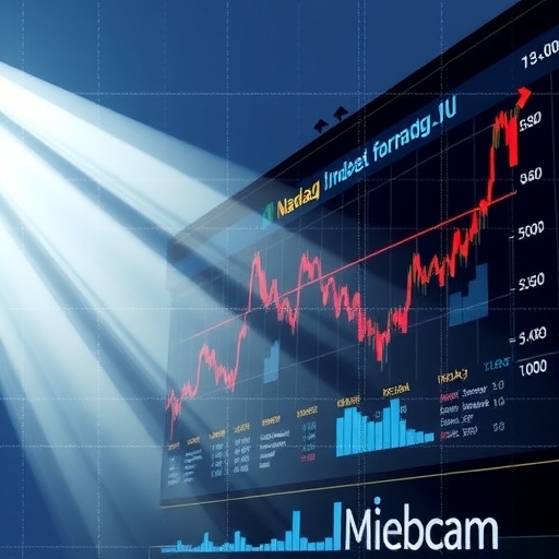 An illustration of artificial intelligence concerns creating a shadow over a downtrending Nasdaq index chart dragging down bitcoin and crypto related company stocks like Coinbase and MicroStrategy