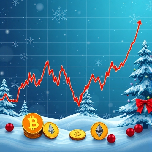 An illustration of bitcoin and ether ETF charts showing a significant downtrend in funds a worried institutional investor is pulling out digital money with a Christmas theme background indicating holiday season de-risking