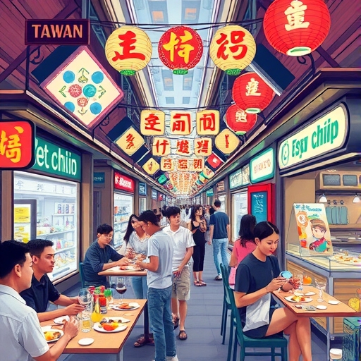 台灣國內消費熱絡插圖,人們享受旅遊、餐飲與娛樂活動,展現活力經濟