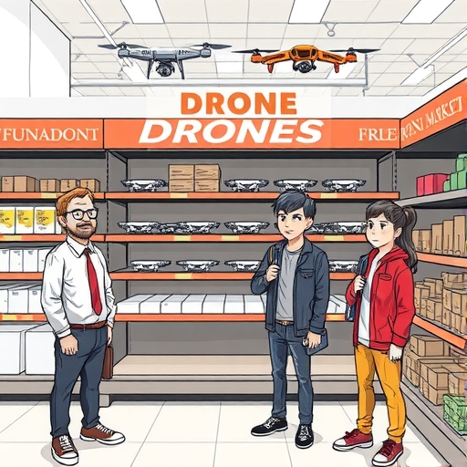 消費者與企業傷心表情看著空蕩店架的插圖,突顯無人機市場選擇減少與價格上漲