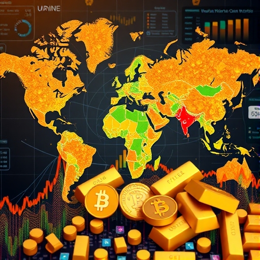 加密貨幣與黃金融合的全球市場插圖，展現政治與經濟影響下的數位市場活力