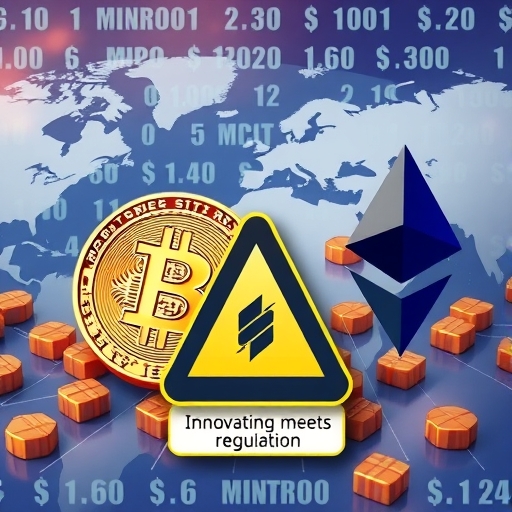 數位資產如比特幣和以太幣的插圖，背景為全球金融系統與IMF對新興市場風險的警告圖標，展現創新與監管的交會