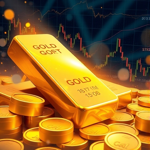 閃耀金條與金幣在全球經濟不確定性與金融市場圖表環繞下的避險資產插圖