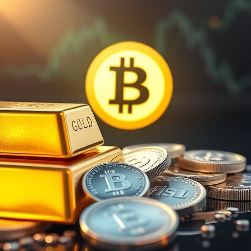 閃耀金條與銀幣插圖，比特幣符號在背景黯淡，象徵傳統避險資產在通脹與地緣政治風險中崛起