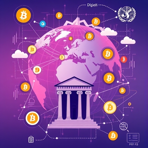 全球數位金融插圖，展示加密貨幣符號與中央銀行建築的複雜網絡，象徵快速變遷中的挑戰與策略