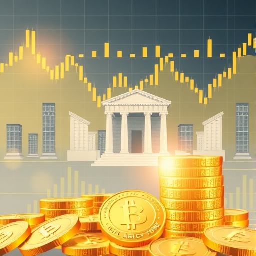 金銀幣在全球金融圖表和央行建築背景中閃耀的插圖