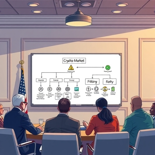 產業領袖與美國國會成員在會議室討論加密市場結構法案的白板流程圖，涵蓋 CFTC SEC 商品與證券分類，旨在明確法規與投資者保護