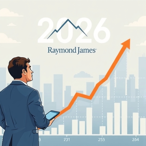 投資者注視成長圖表，背景有Raymond James標誌，象徵2026年誘人市場佈局與全球經濟元素