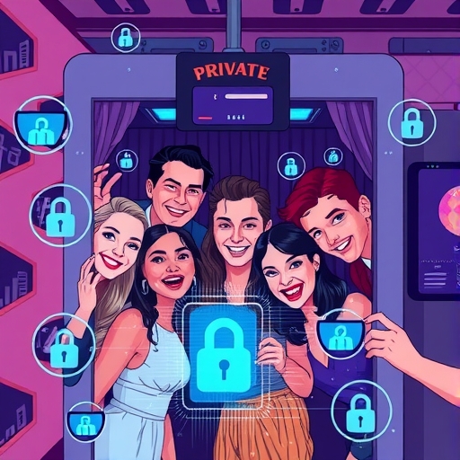 人們在活動拍照亭中快樂擺姿勢的插圖,融入數位元素強調資料隱私風險的對比