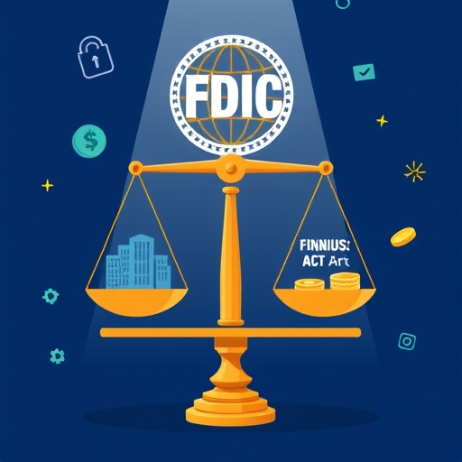 FDIC 標誌平衡天平，一側為金融創新，另一側為消費者保護，周圍浮現數位資產與 GENIUS 法案文字，營造安全透明環境