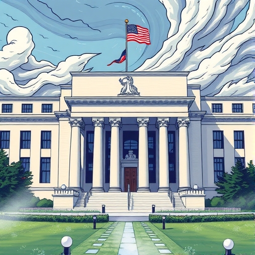 An illustration of the Federal Reserve building with strong winds blowing on global stock market charts showing volatility and tech stocks under pressure money flowing into stable assets like bonds