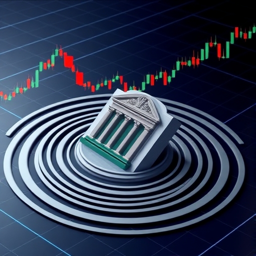 An illustration of the Federal Reserve symbol causing ripples of uncertainty on a financial market chart leading to widespread deleveraging and investors shifting funds to safer assets away from volatile cryptocurrencies