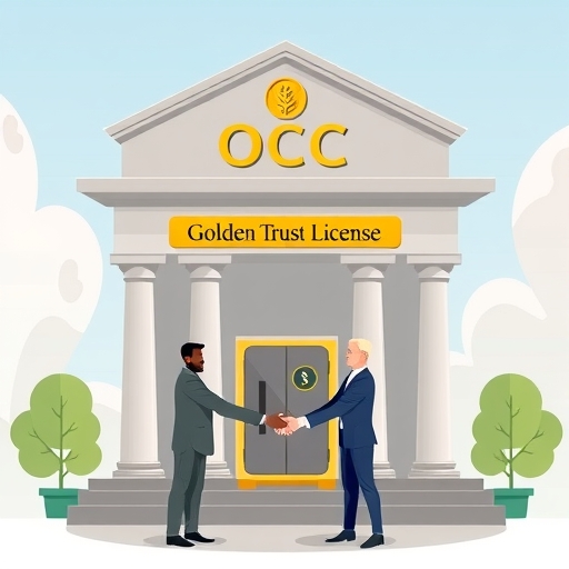 OCC 大樓向加密公司頒發金色信託執照，圖像顯示安全數位金庫與傳統及數位金融人物握手，象徵合法性與穩定