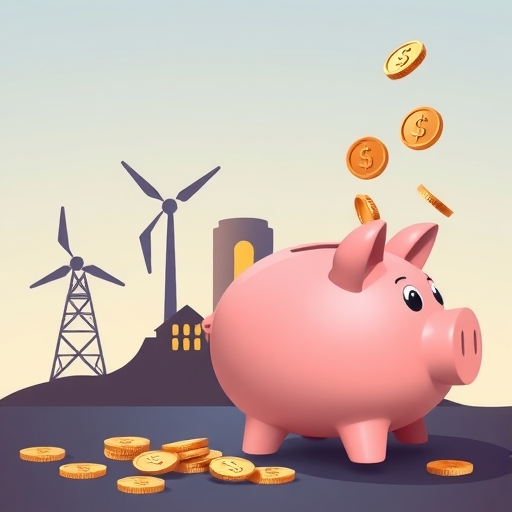 三個獨特產業圖標代表能源與房地產的穩定成長，股息幣源源不絕落入大型豬錢箱，傳達股息百萬富翁夢想與財務韌性的概念