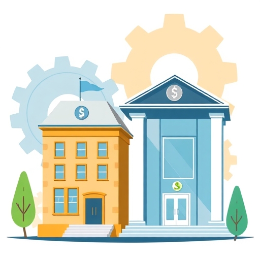 兩座銀行建築合併成大型機構插圖，象徵金融整合與市占擴張，背景齒輪轉動