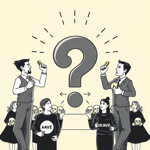 兩群人激烈辯論，一群持普通AAVE代幣，另一群持stkAAVE代幣，上方大問號代表協議所有權與決策權
