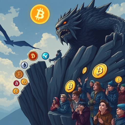 各種山寨幣如以太幣、艾達幣、索拉納和瑞波幣從懸崖跌落,代表年末拋售壓力,恐懼怪物籠罩擔憂的投資者群眾注視下降的比特幣價格