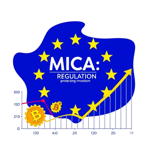 MiCA法規插圖,歐盟旗幟背景下的法律框架與齒輪轉動,顯示機構採用與穩定幣市場翻倍增長的圖表