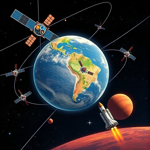 An illustration showcasing Starlink satellites forming a network around Earth providing internet services and a Starship rocket landing on Mars representing future space exploration