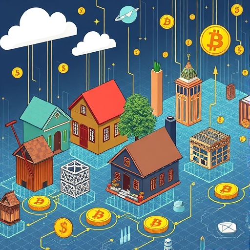 多樣真實世界資產轉化為區塊鏈代幣的插圖,包含房屋、藝術品與商品,以及借貸與預測市場圖示