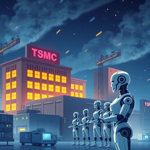An illustration showing TSMC factory buildings with advanced 3nm and 5nm chips emitting light while AI robots happily collaborate representing Taiwan's core role in meeting explosive global AI chip demand